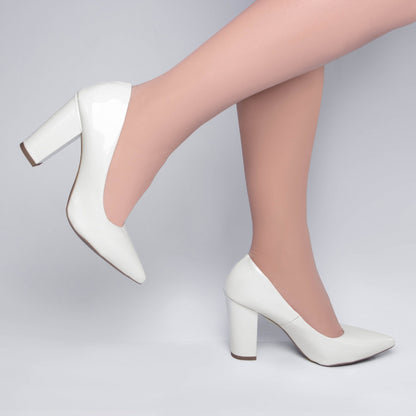 Sapato Scarpin Salto Quadrado Verniz Off White