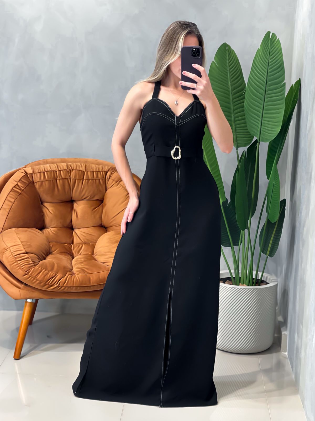 Vestido Longo em Alfaiataria Sensoriale de Alça com Fenda Edvania Ref. 1629