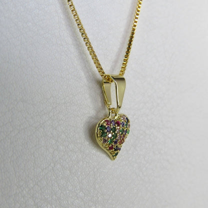 Colar Pingente Coração com Zircônia Multicolor Banhado em Ouro 18k