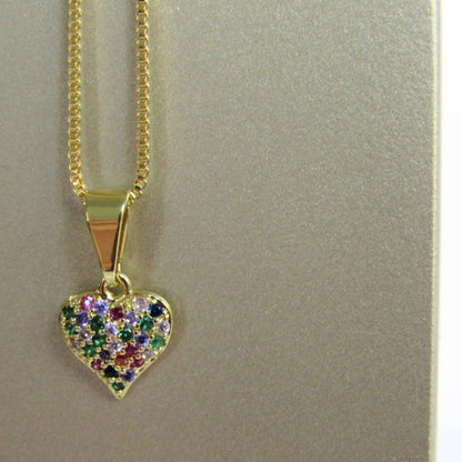 Colar Pingente Coração com Zircônia Multicolor Banhado em Ouro 18k