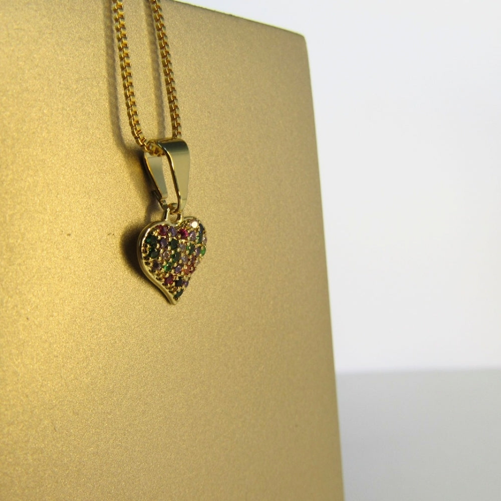 Colar Pingente Coração com Zircônia Multicolor Banhado em Ouro 18k