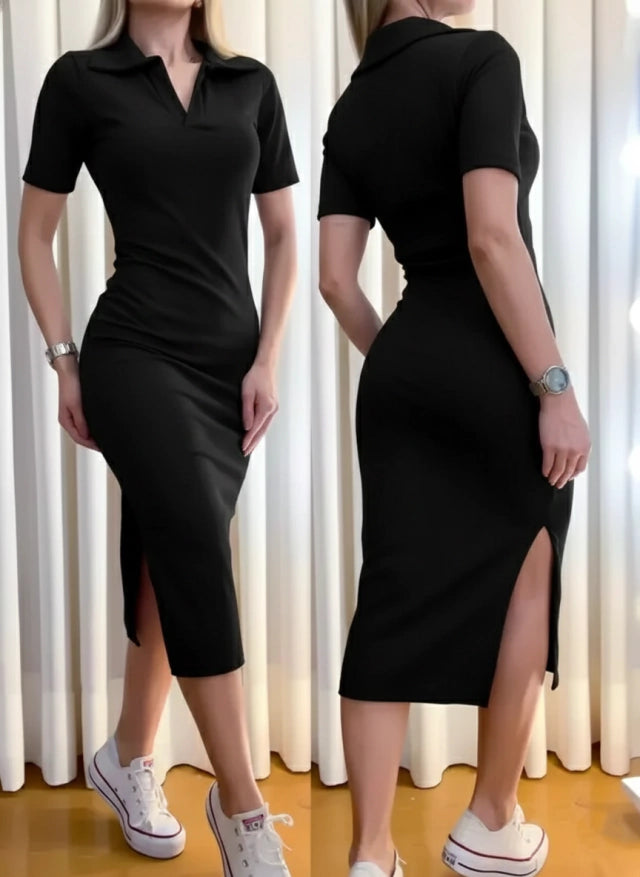Vestido Midi em Ribana com Gola Polo Sindy Ref. 1204