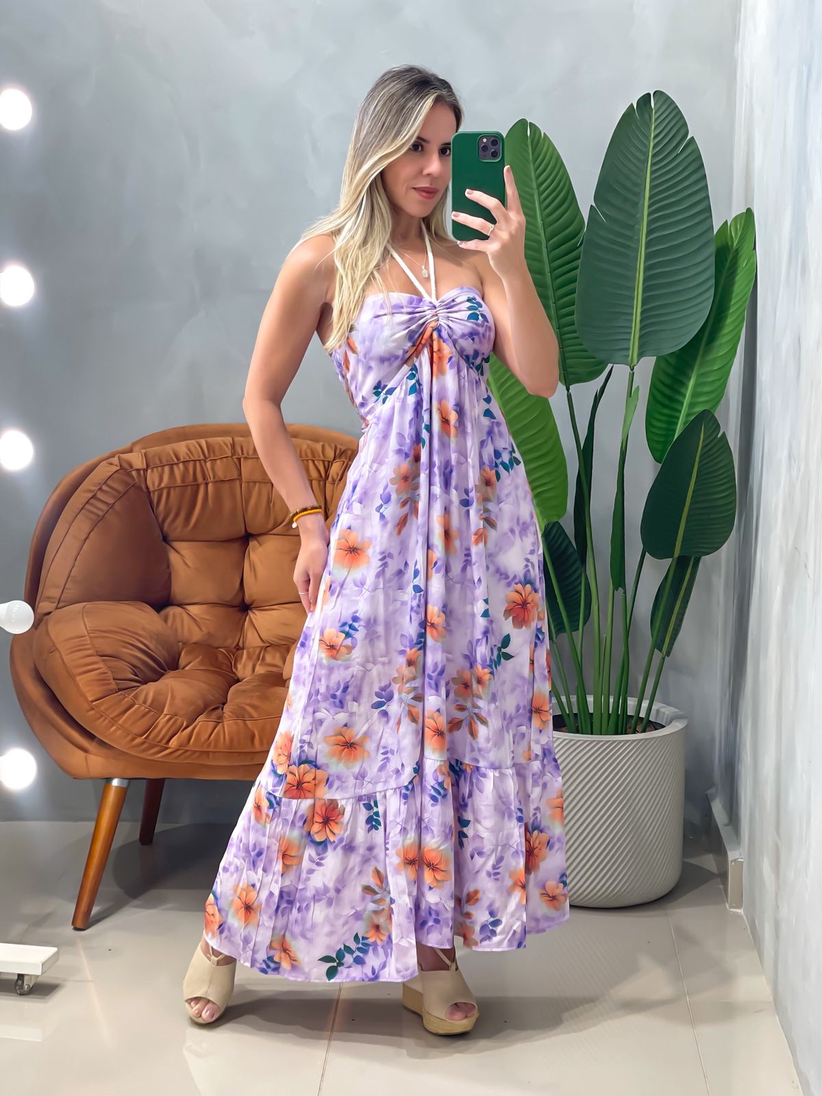 Vestido Midi em Viscose Frente Única Estampa 3D Marcela Ref. 1878