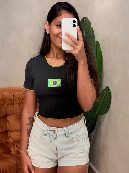 Cropped em Anarruga Manga Curta Fru-Fru Brasil Ref. 1889
