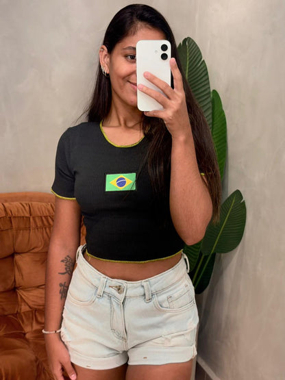 Cropped em Anarruga Manga Curta Fru-Fru Brasil Ref. 1895