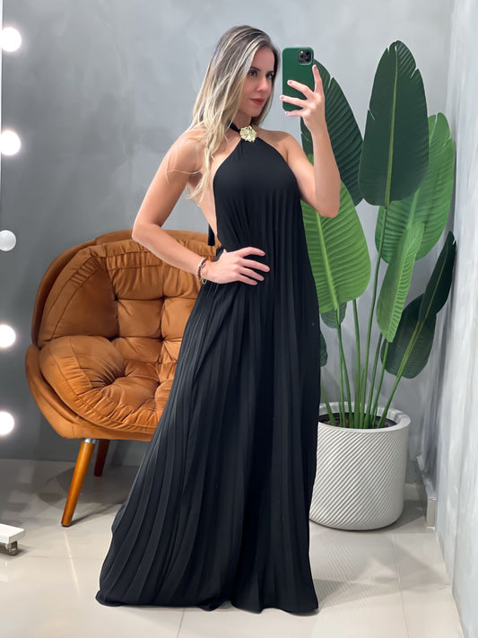 Vestido Longo em Crepe Frente Única Plissado com Fivela Alice Ref. 1946